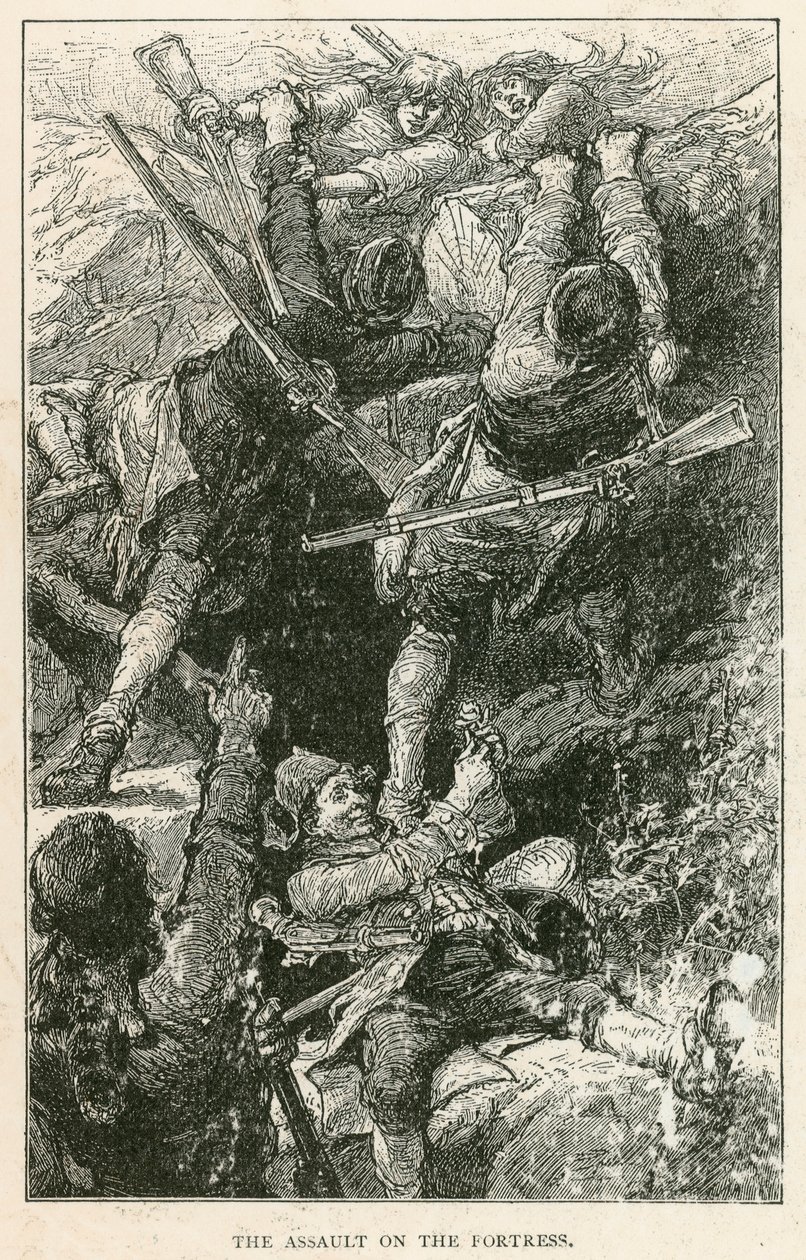 De aanval op het fort (gravure) door European School