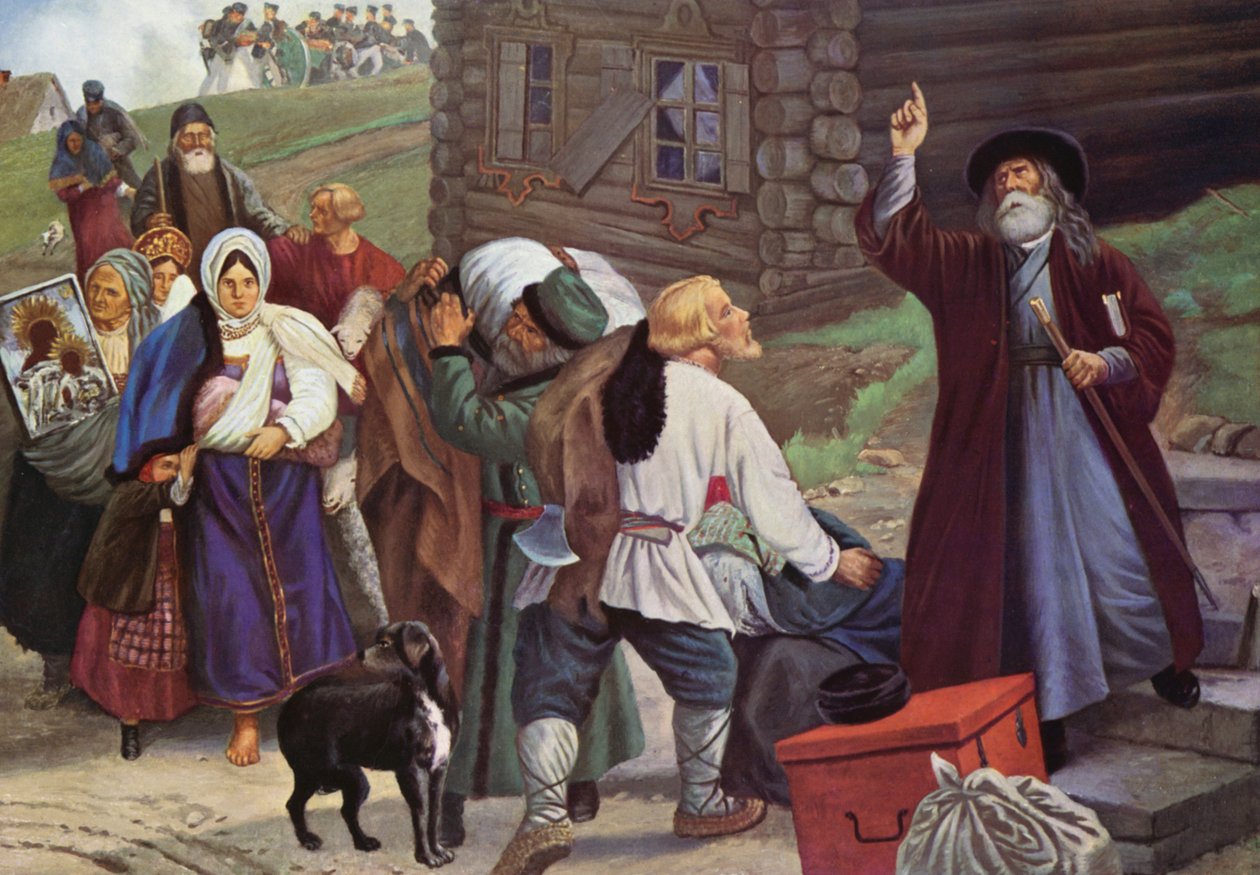 De vlucht van de bevolking van Smolensk (kleurenlitho) door European School