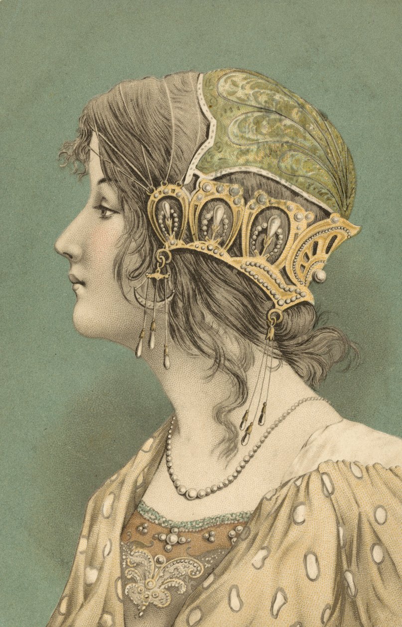 Vrouw met muts (kleurenlitho) door European School