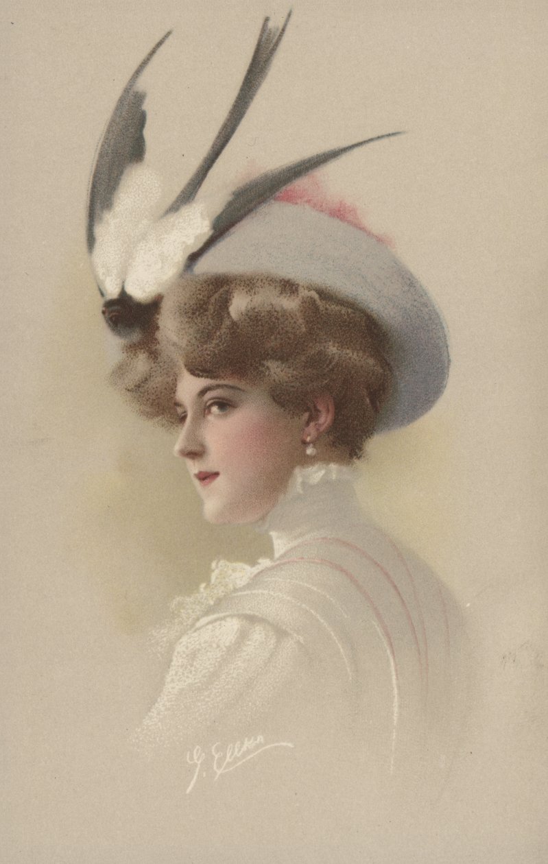 Vrouw met hoed en opgezette zwaluw (kleurenlitho) door European School