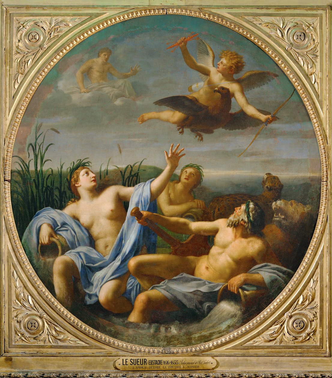 Liefde heeft Jupiters bliksemschicht afgeslagen en vliegt weg... door Eustache (studio of) Le Sueur