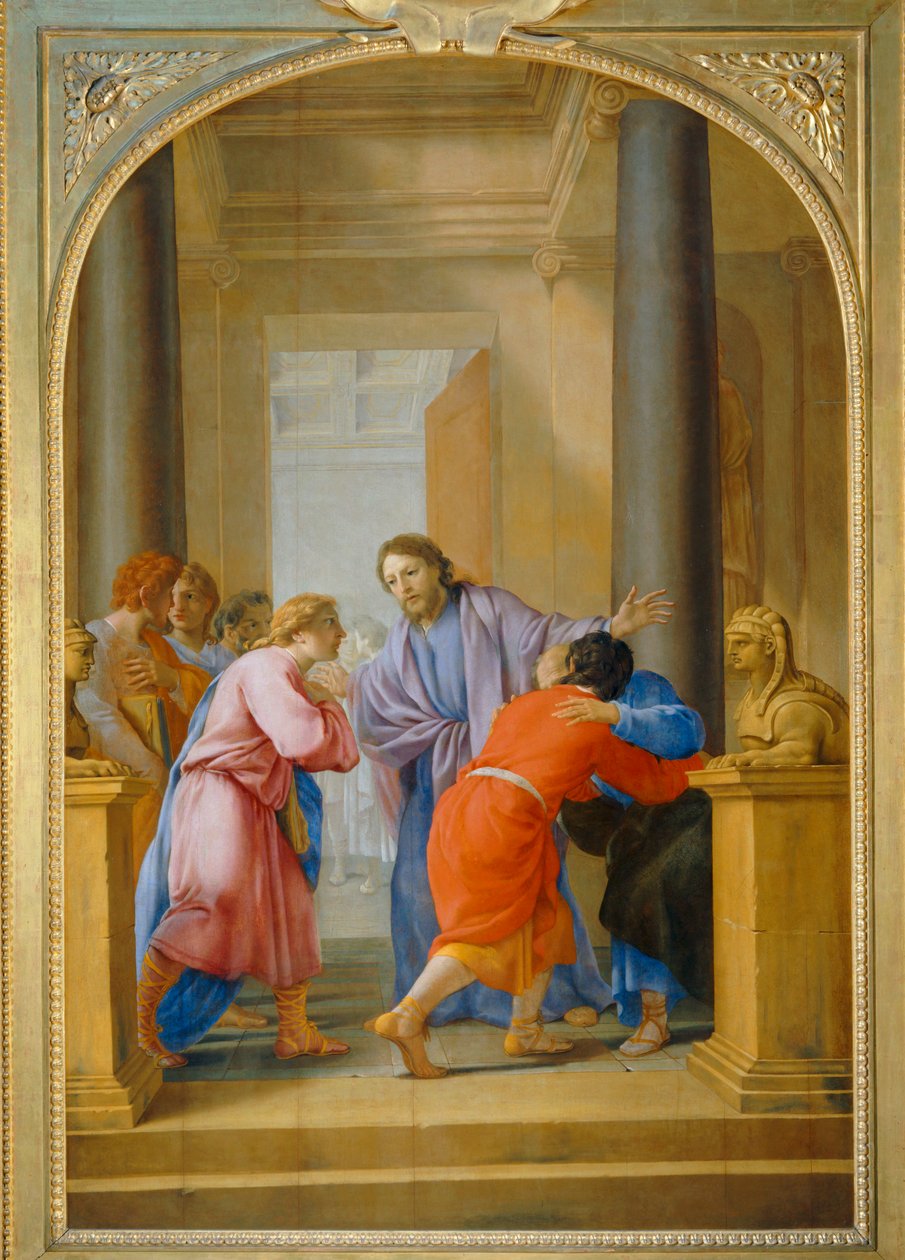 Saint Bruno engage ses disciples et ses amis à quitter le monde - Sint Bruno roept zijn discipelen en zijn vrienden op de wereld te verlaten ... door Eustache (studio of) Le Sueur