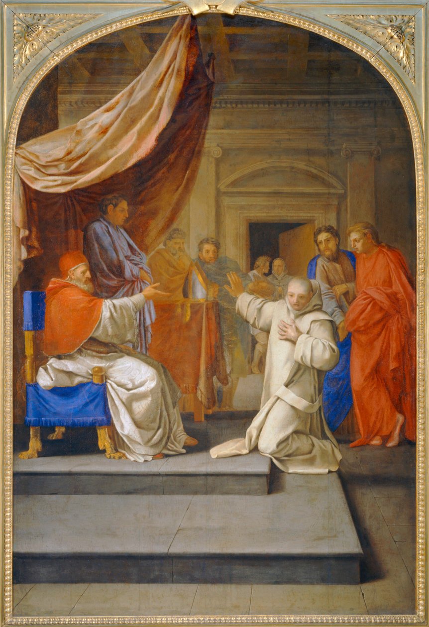 De heilige Bruno weigert het bisschopsambt van Reggio dat Urbain II hem aanbiedt - De heilige Bruno weigert het bisschopsambt van Reggio dat Urbain II hem aanbiedt ... door Eustache (studio of) Le Sueur