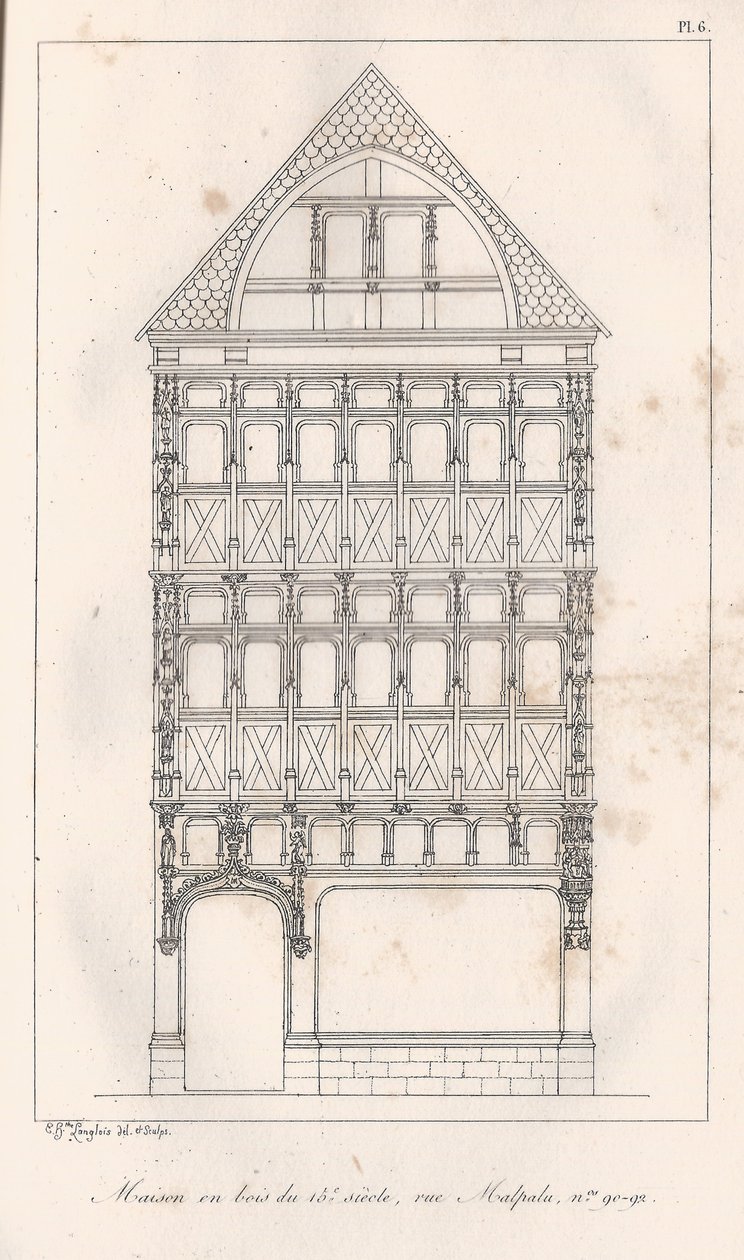 Houten huis uit de 15e eeuw, rue Malpalu nr. 90-92 door Eustache Hyacinthe Langlois