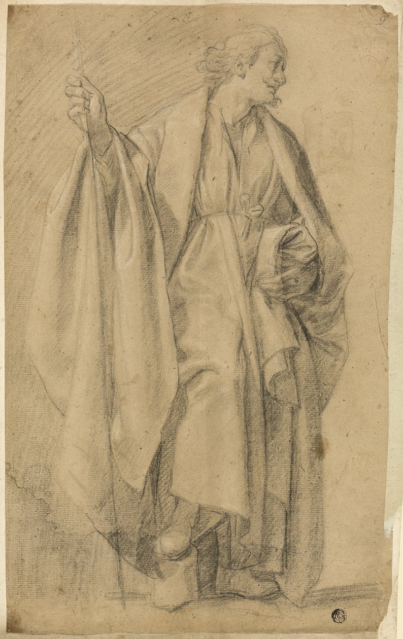 Staande Geklede Mannelijke Figuur, Houdend Staf door Eustache Le Sueur