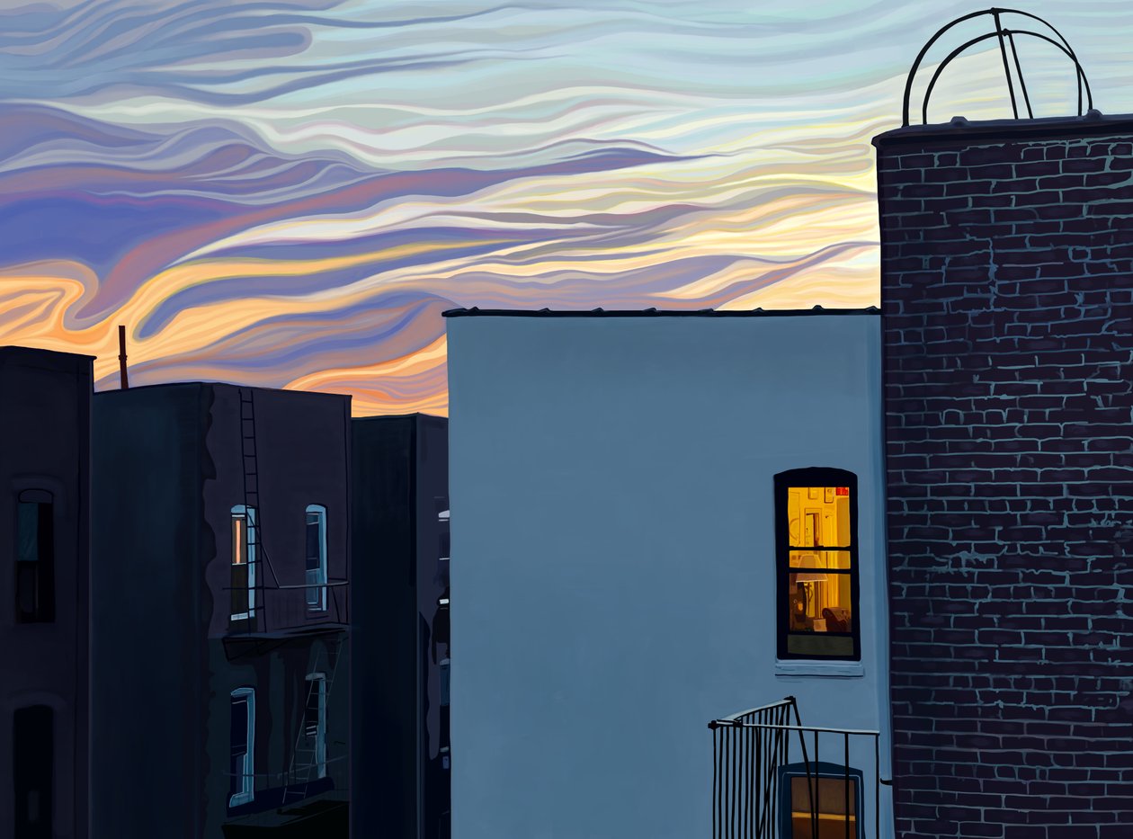 Flatgebouwen en Gloeiende Vensters met Dramatische Hemel en Wolken bij Schemering Op Zomerschemering.(digitale kunst) door Evan Sklar