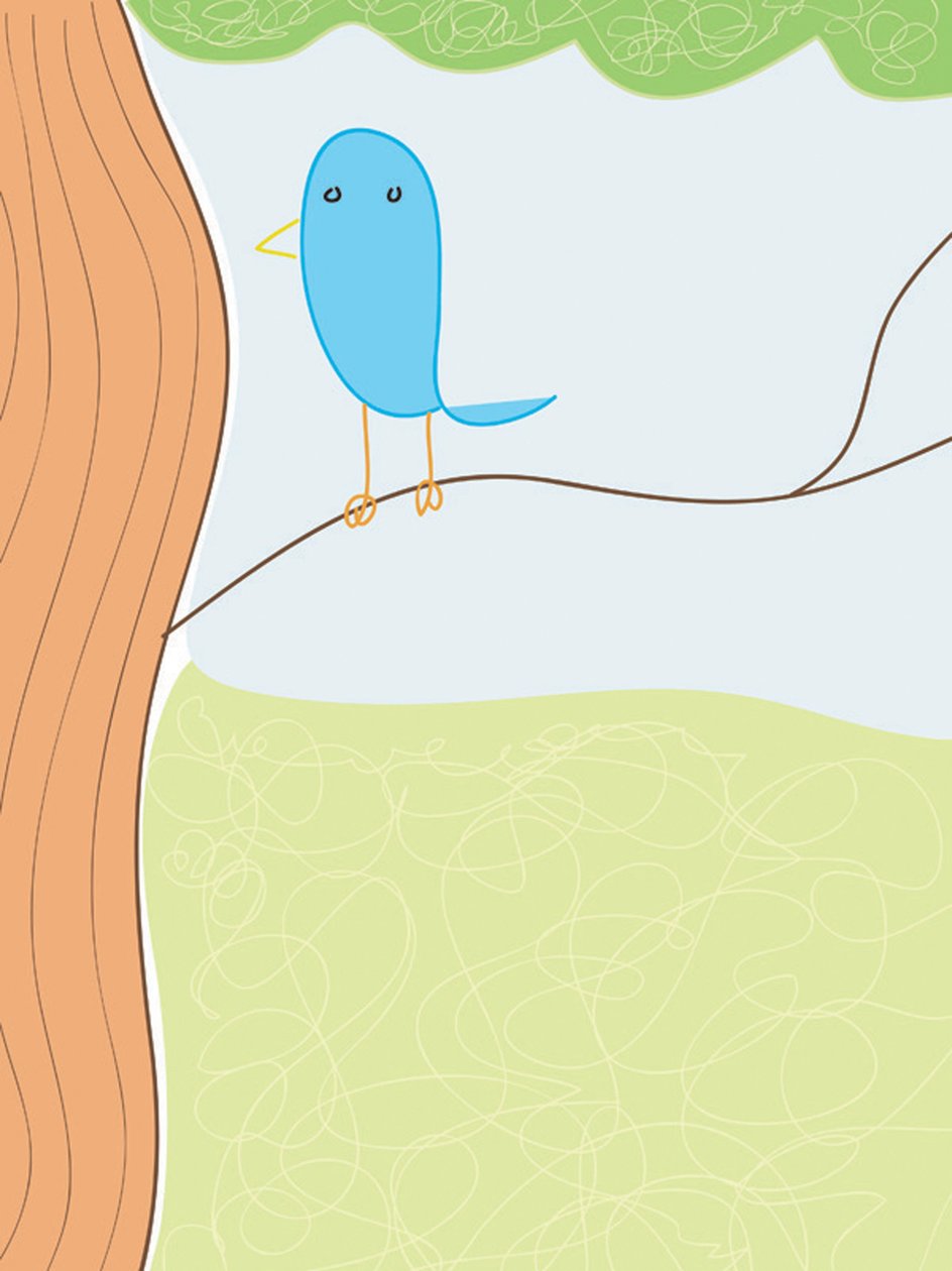 Blauwe vogel op magere tak, 2015 (met de hand getekend op een iPad met een Apple potlood) door Evan Sklar