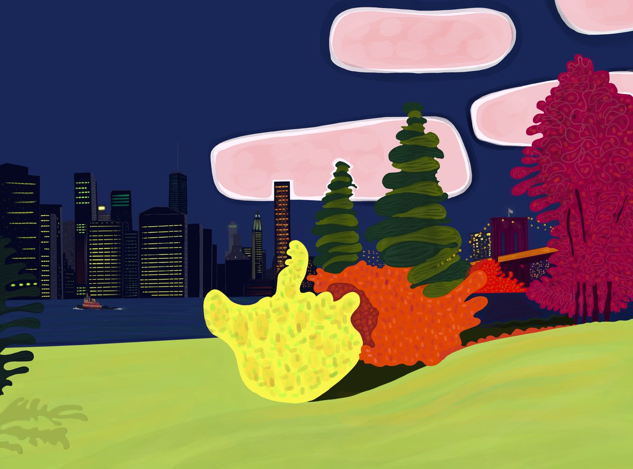 Brooklyn Bridge Park en uitzicht op Lower Manhattan (digitale kunst) door Evan Sklar
