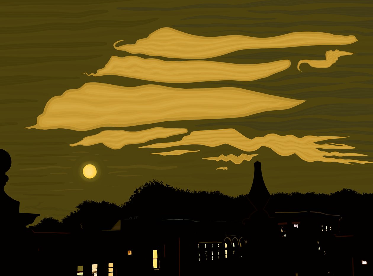 Wolken, maan en park vanaf het dak (digitale kunst) door Evan Sklar