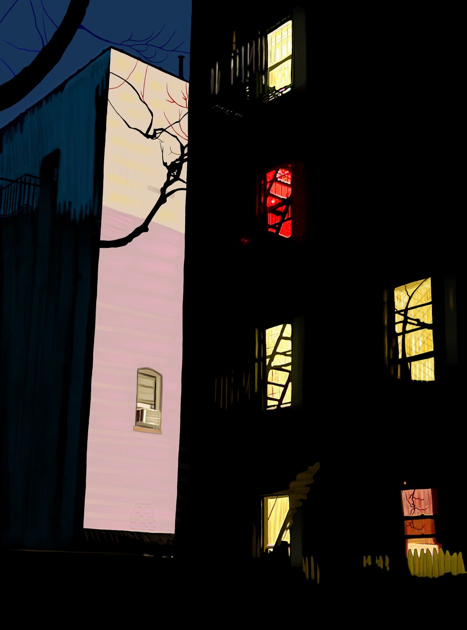Kleurrijke vensters van flatgebouwen bij nacht Brooklyn (digitale kunst) door Evan Sklar