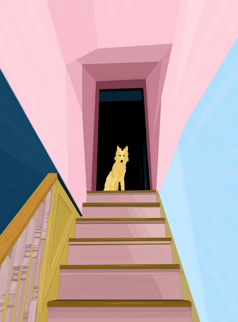 Hond boven trap (digitale kunst) door Evan Sklar