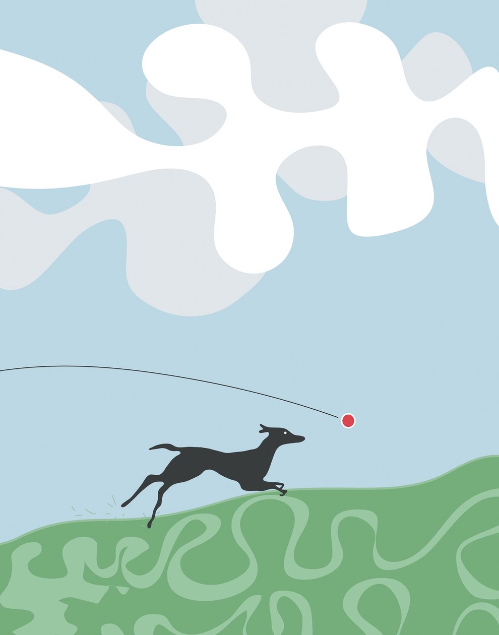 Hond achter een bal aan, 2015 (met de hand getekend op een iPad met een Apple potlood) door Evan Sklar