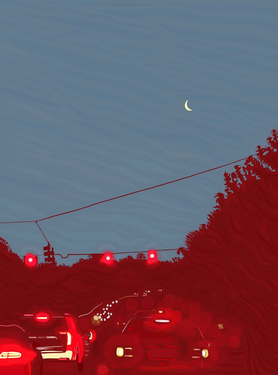 Rijden naar het zuiden, zes uur vijfenvijftig, c.2020-24 (digitale kunst) door Evan Sklar