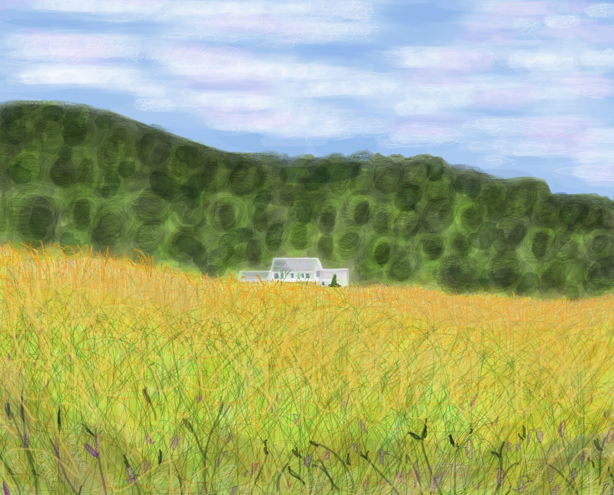 Veld en boerderij in Vermont, 2018 (met de hand getekend op een iPad met een Apple potlood) door Evan Sklar