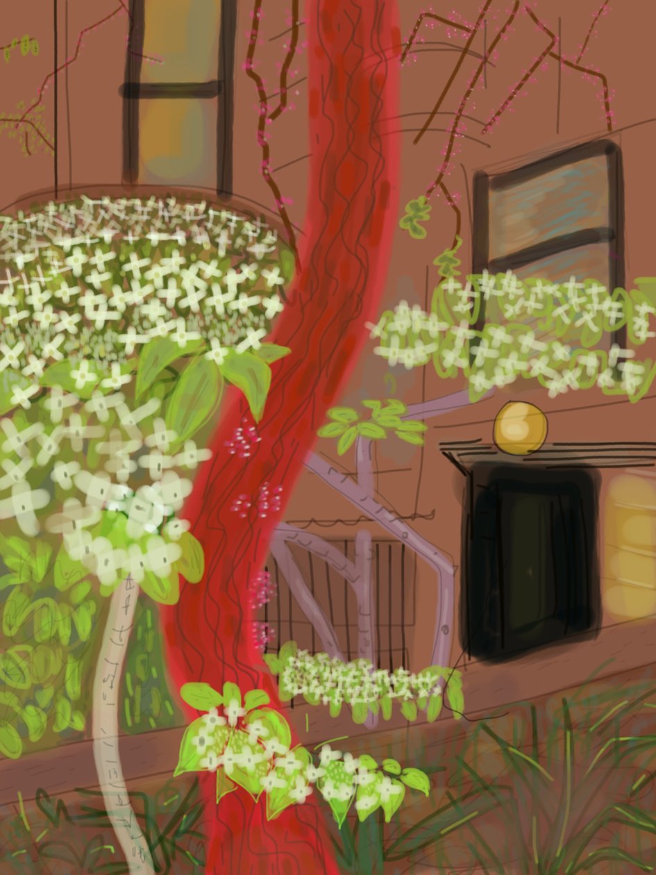 Bloeiende kornoeljebomen, 2015 (met de hand getekend op een iPad met een Apple-potlood) door Evan Sklar