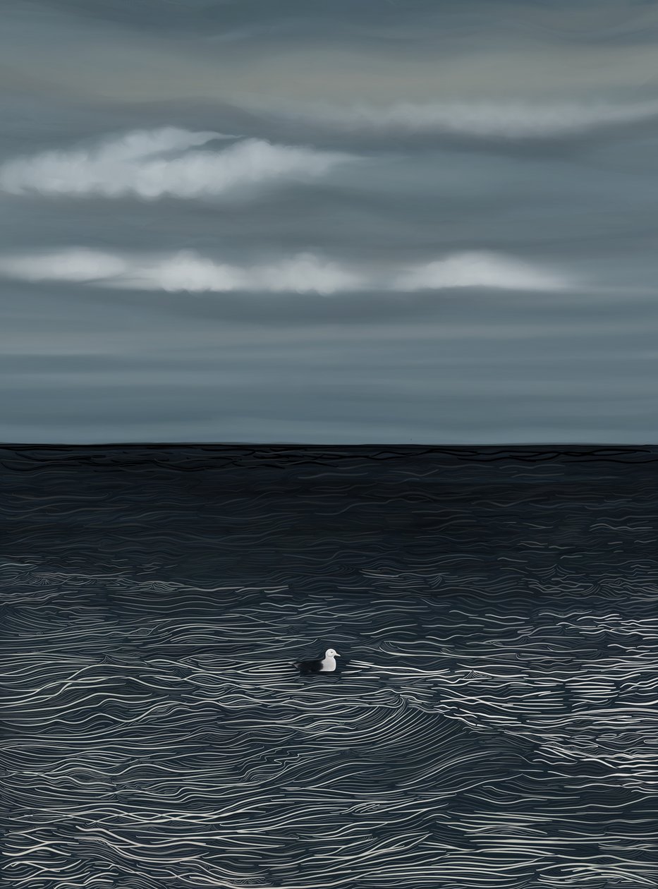 Drijvende meeuw op water en stormachtige lucht (digitale kunst) door Evan Sklar