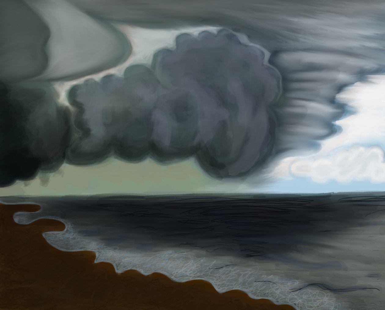 Grote wolk over oceaan, 2016 (met de hand getekend op een iPad met een Apple potlood) door Evan Sklar
