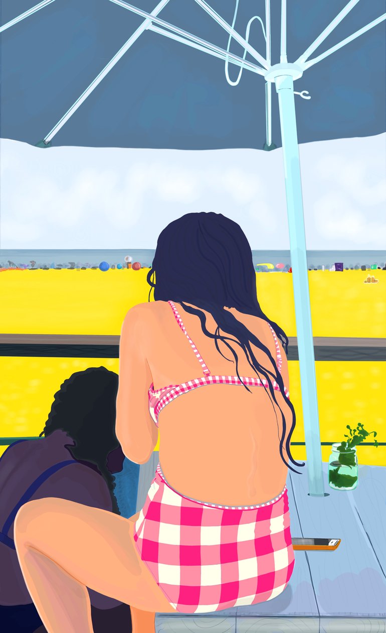 Magenta Gingham bij Rockaway Beach (digitale kunst) door Evan Sklar