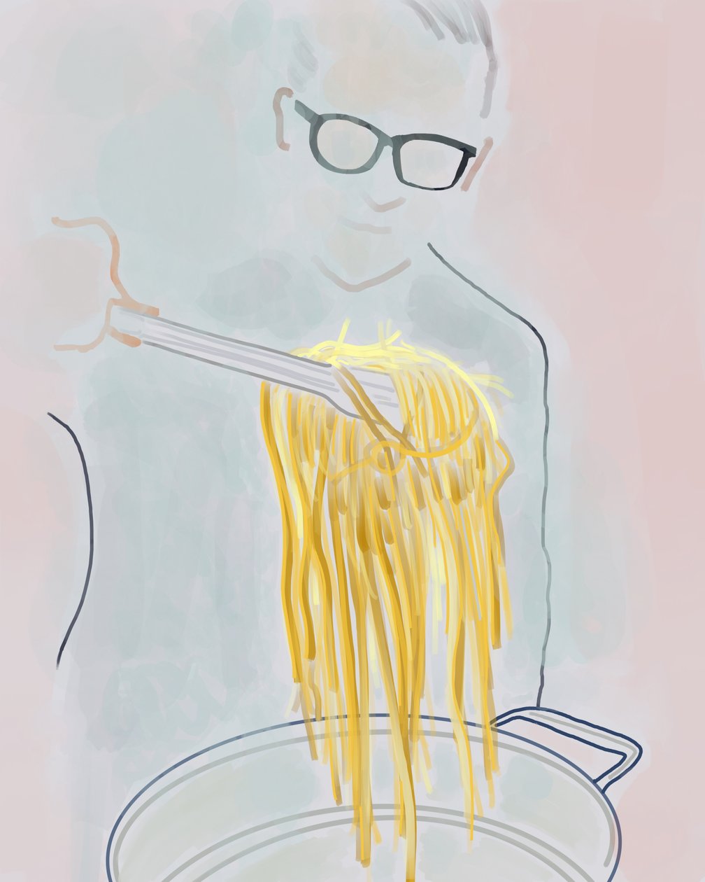 Man die pasta uit een pot trekt, Brooklyn (digitale kunst) door Evan Sklar