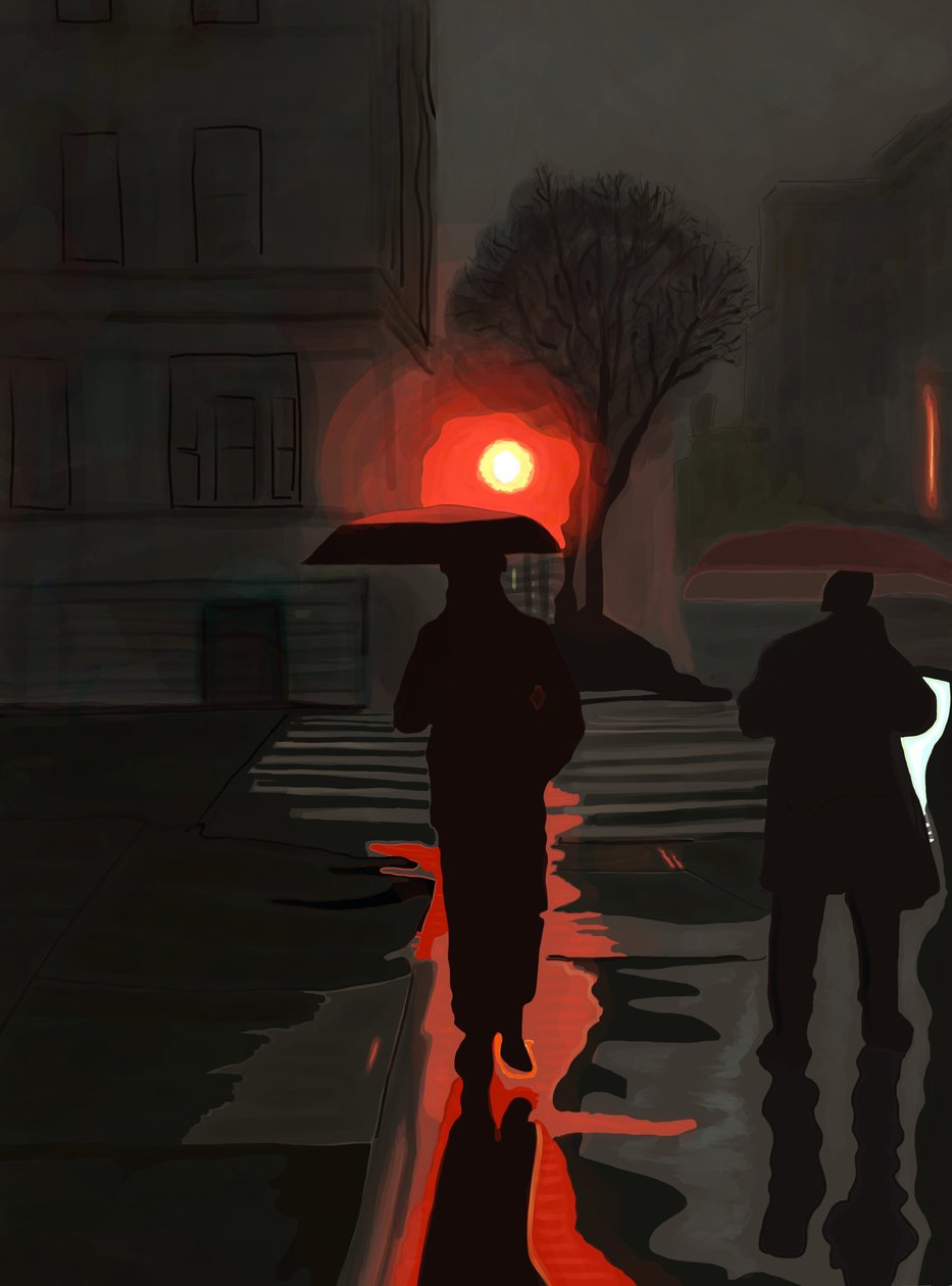Wandelende man in de regen bij nacht (digitale kunst) door Evan Sklar
