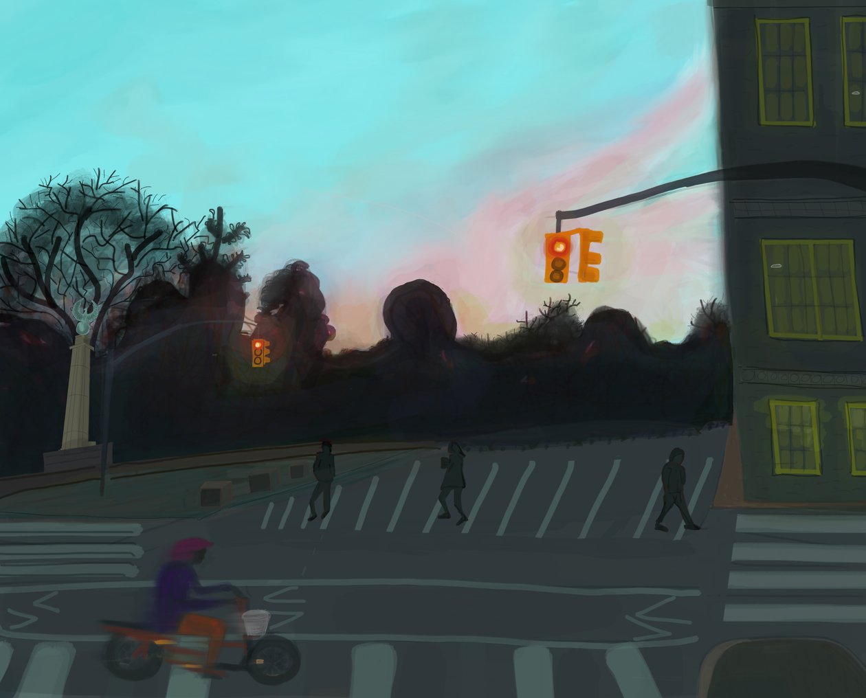 Oranje scooter,Grand Army Plaza, Brooklyn, 2016 (met de hand getekend op een iPad met een Apple-potlood) door Evan Sklar