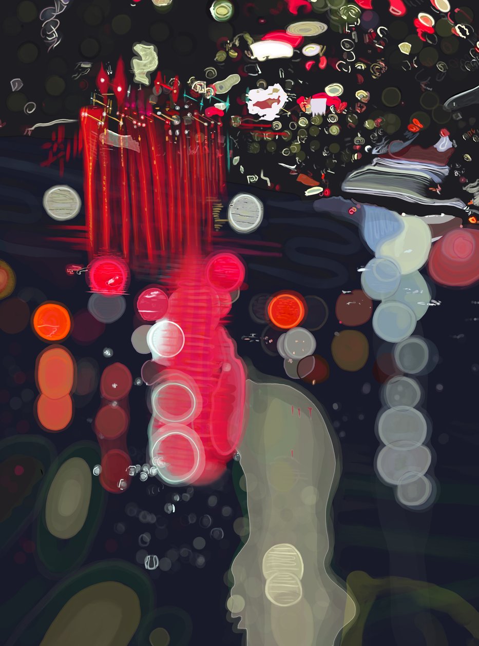 Regen en licht gereflecteerd op voorruit, Brooklyn (digitale kunst) door Evan Sklar