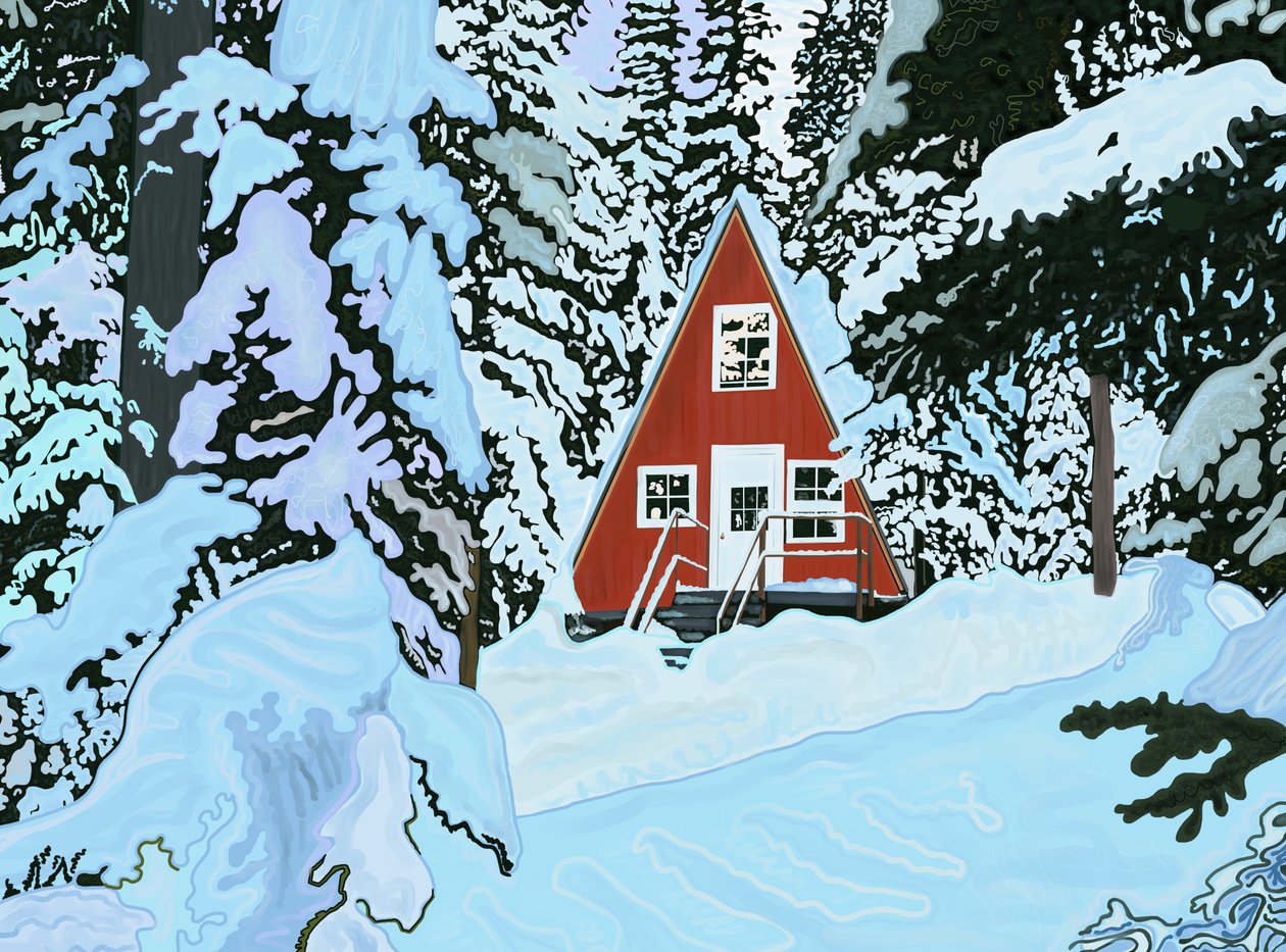 Rood, een kozijnhuis in sneeuw bij nacht (digitale kunst) door Evan Sklar