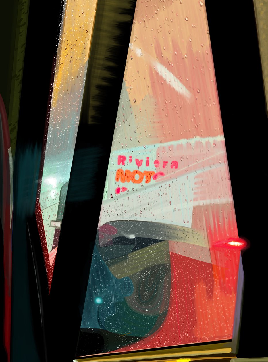 Rivera Motel bord gezien vanuit auto op regenachtige avond (digitale kunst) door Evan Sklar