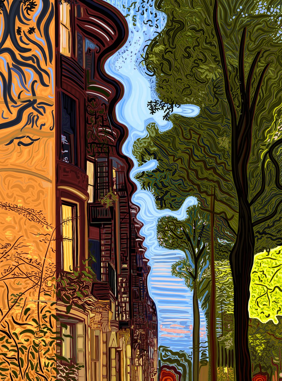 Daklijn en boomgrens bij zonsondergang. (digitale kunst) door Evan Sklar