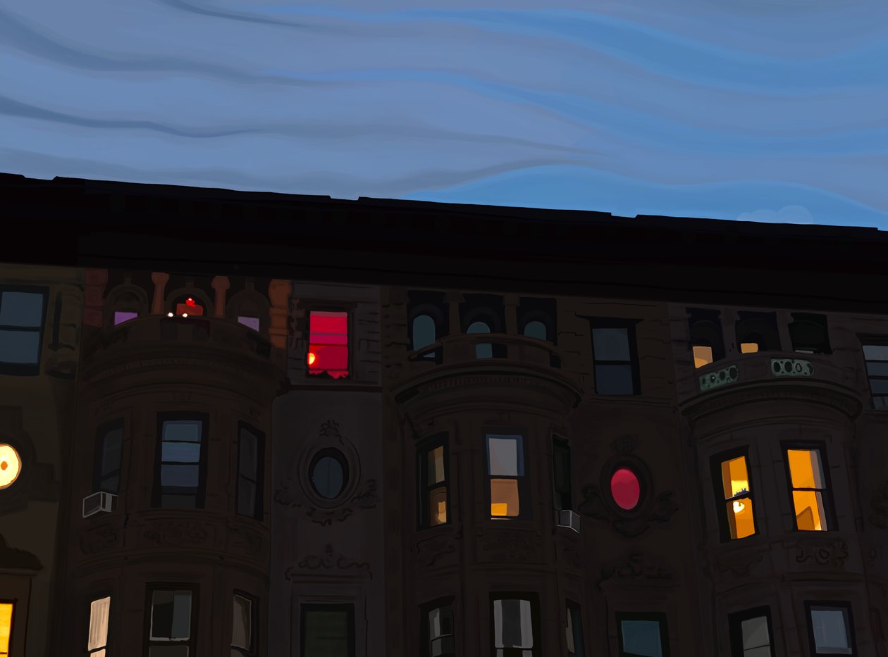 Rijtjeshuizen met kleurrijke en verlichte ramen, Brooklyn (digitale kunst) door Evan Sklar