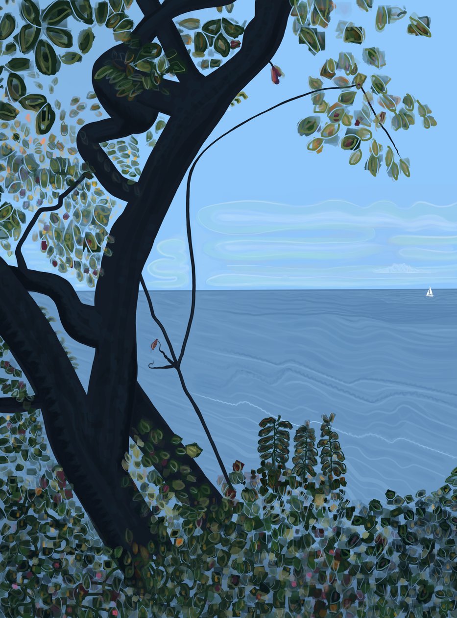 Zee en zeilboot, Brooklyn (digitale kunst) door Evan Sklar