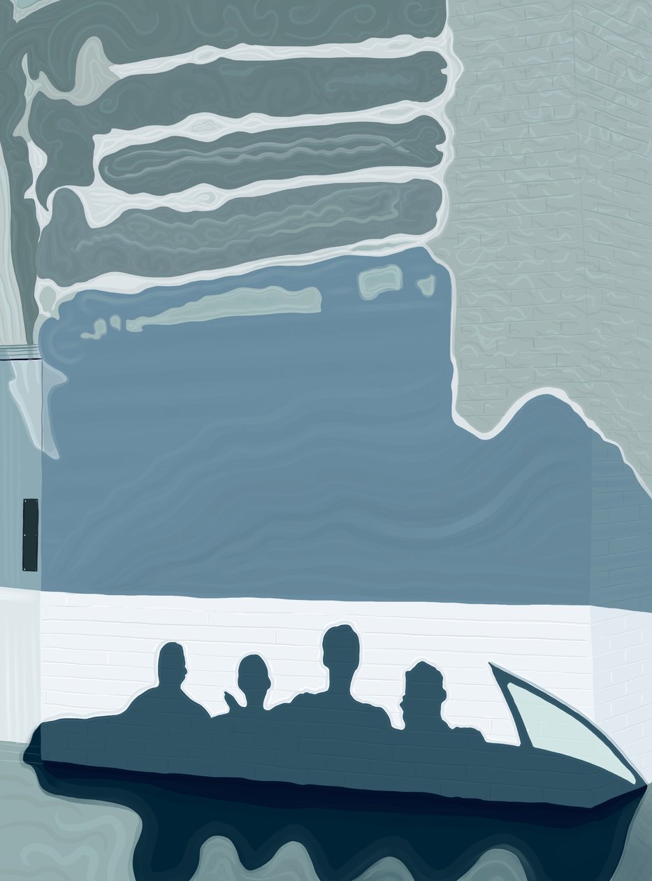 Schaduw van auto en passagiers op gevel van hotel, ca 2020-24 (digitale kunst) door Evan Sklar