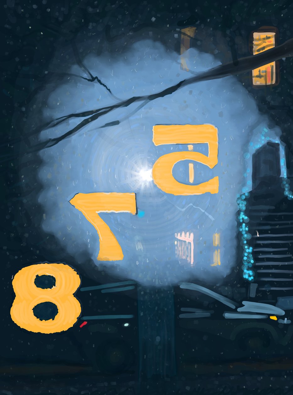 Sneeuw bij nacht gezien door nummering op voordeur, Brooklyn (digitale kunst) door Evan Sklar