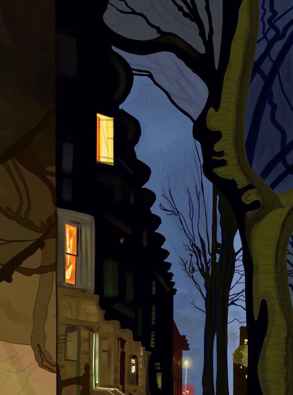 Bovenkanten van straten en gebouwen bij nacht (digitale kunst) door Evan Sklar