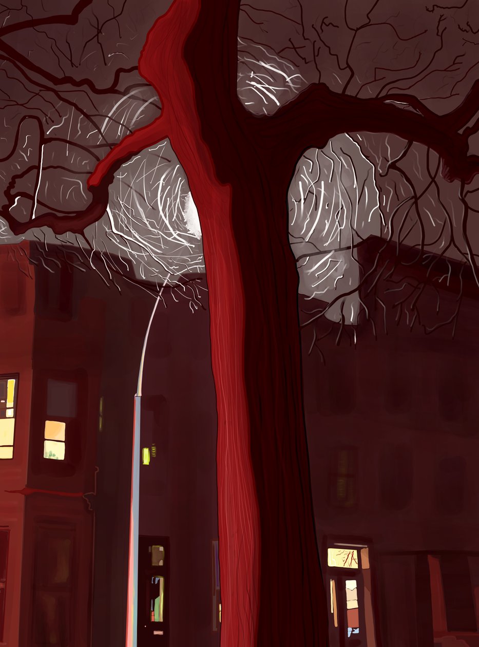 Straat en boom bij nacht verlicht door sirenes en straatlantaarn (digitale kunst) door Evan Sklar