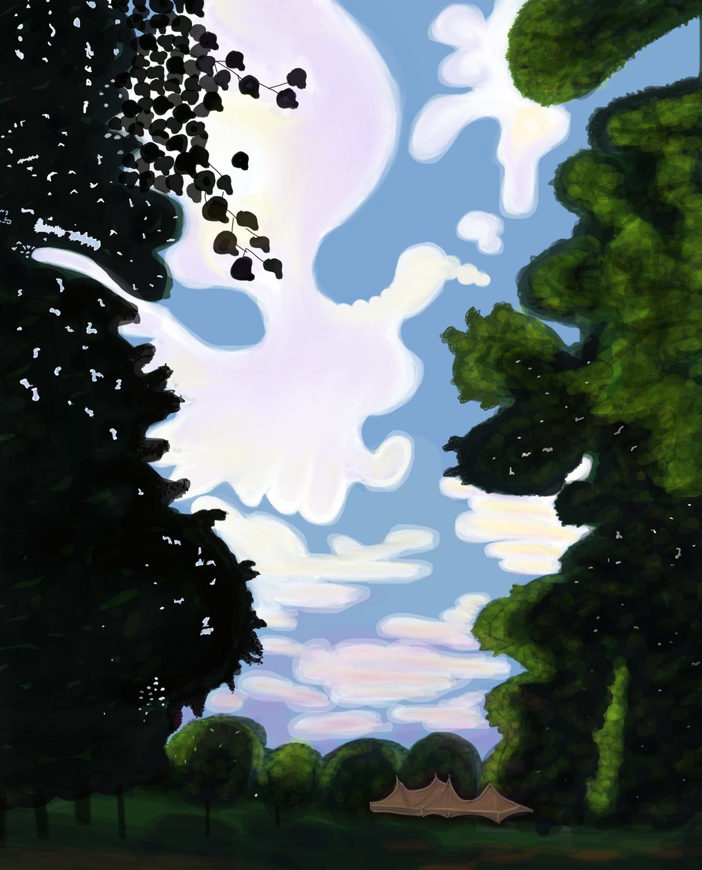 Tent en lucht, Prospect Park 2018 (met de hand getekend op een iPad met een Apple-potlood) door Evan Sklar