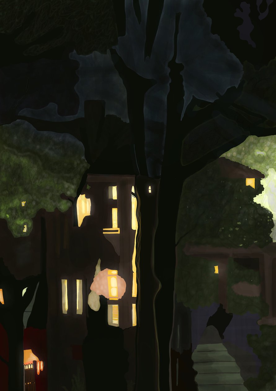 Uitzicht vanuit vuil raam bij nacht (digitale kunst) door Evan Sklar