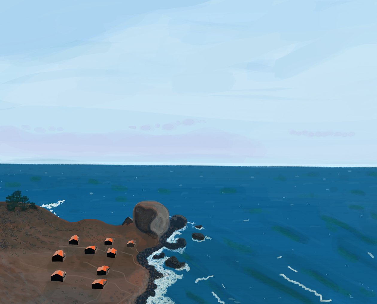 Uitzicht vanaf Pacific Coast Highway, 2016 (met de hand getekend op een iPad met een Apple-potlood) door Evan Sklar