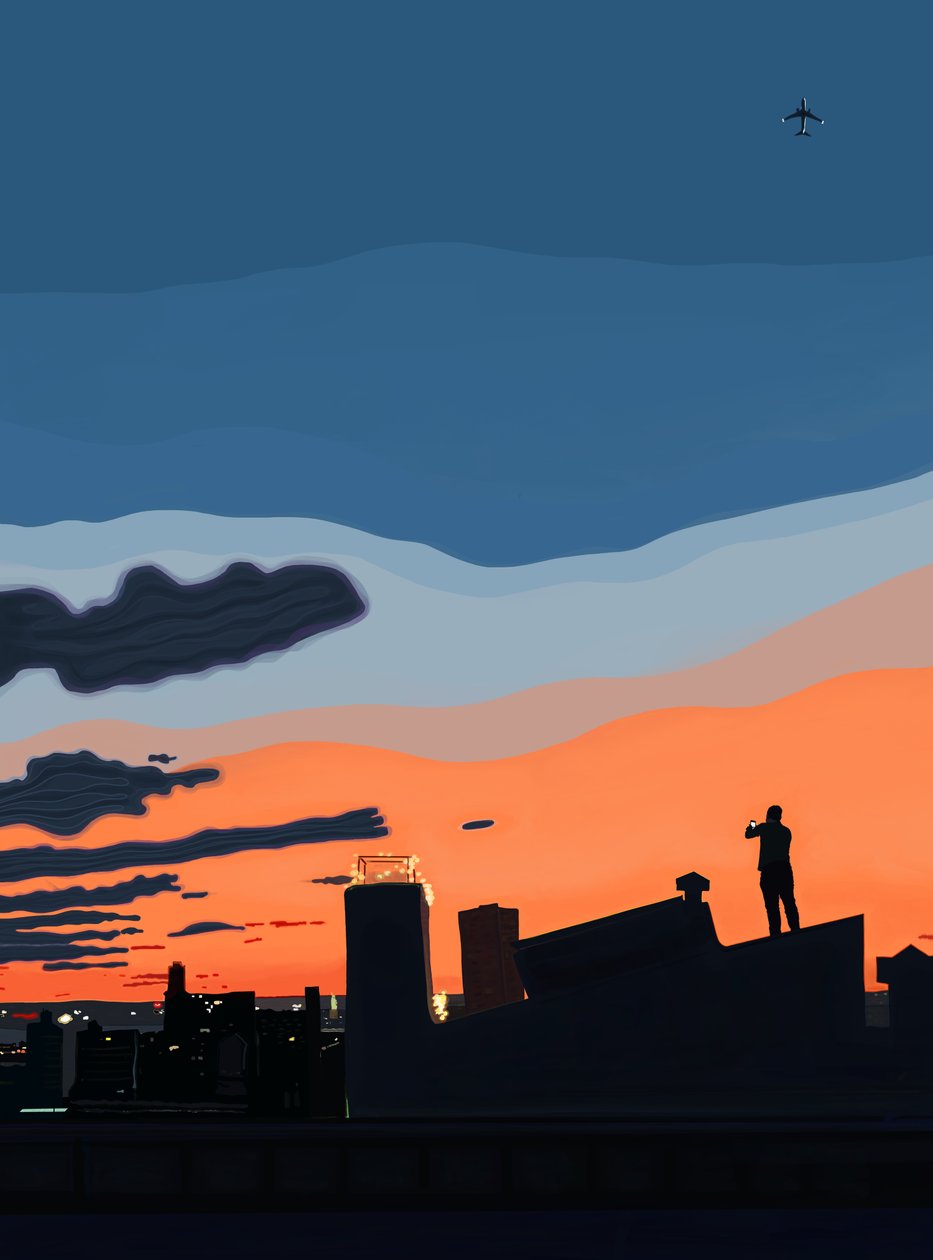 Uitzicht op de haven van NY vanaf het dak, aan het eind van de zomer (digitale kunst) door Evan Sklar