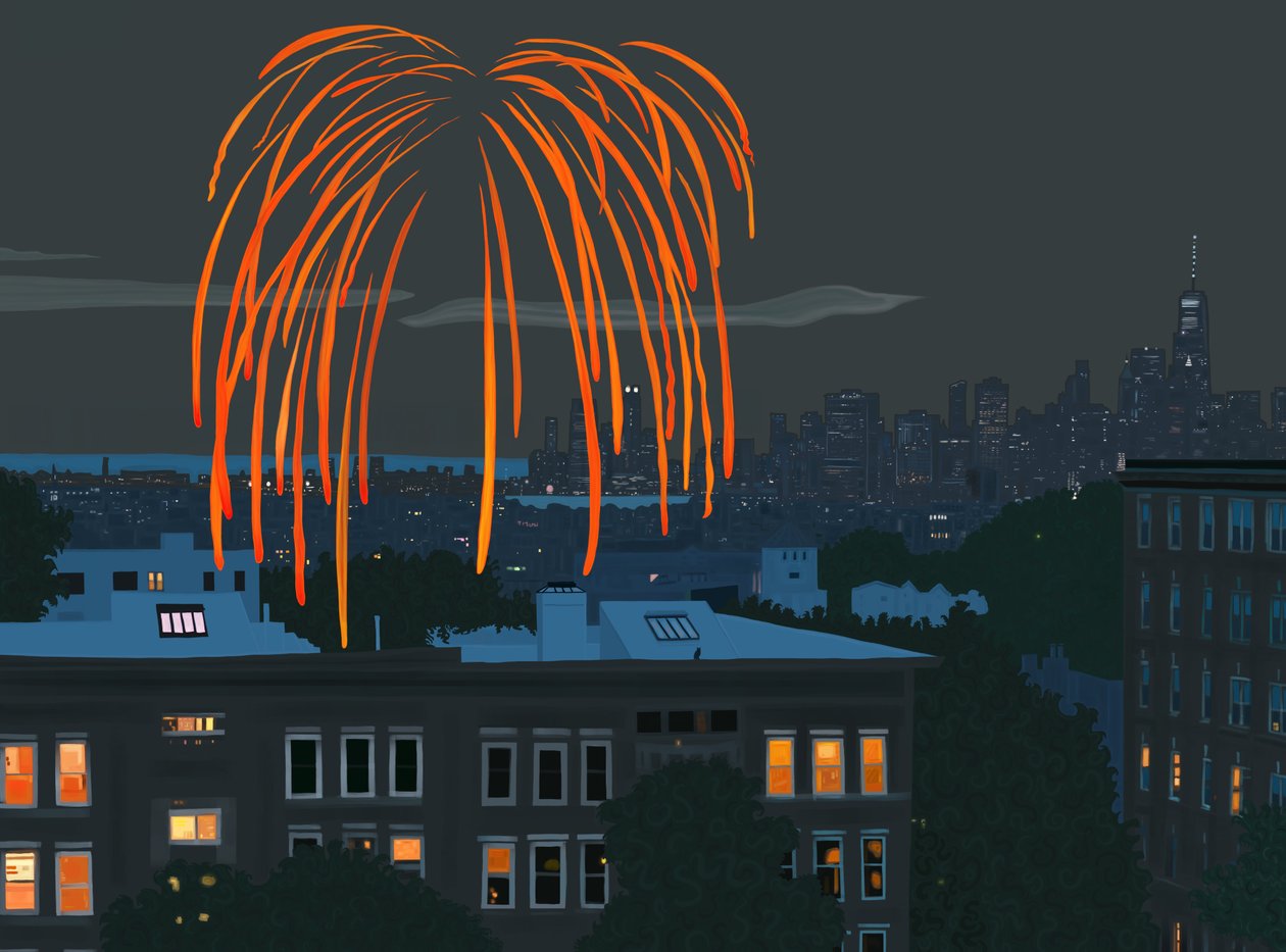 Zicht op de haven van New York en Skyline met vuurwerk gezien vanuit Brooklyn (digitale kunst) door Evan Sklar