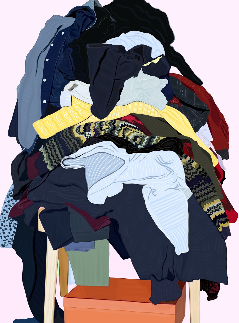 Hoog opgestapelde kleren van vrouw op stoel (digitale kunst) door Evan Sklar