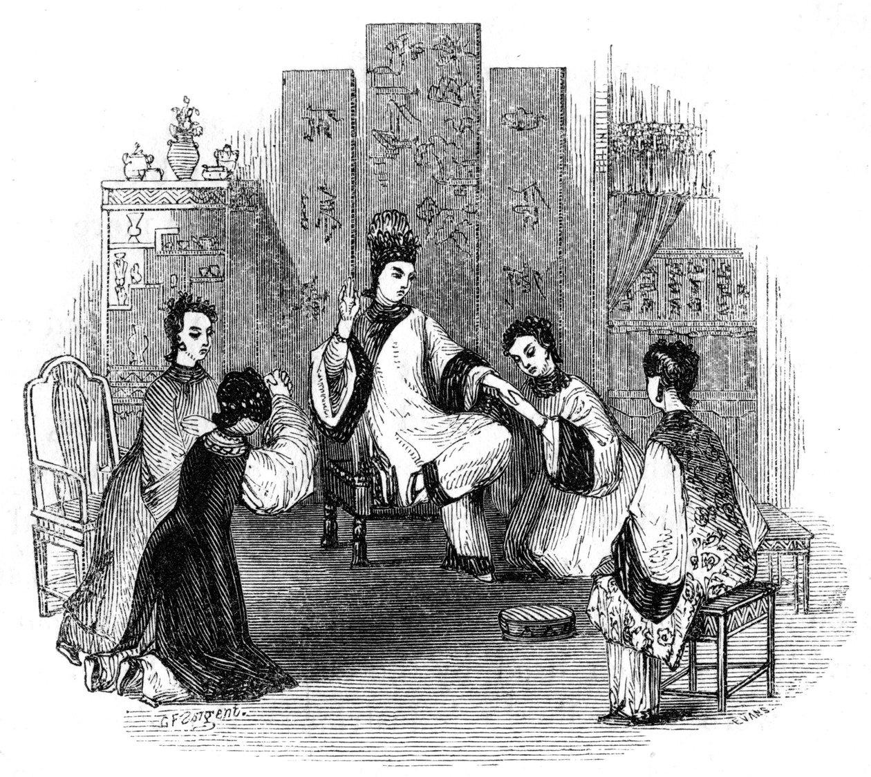 Chinese meisjes huilen met een bruid, 1847 door Evans
