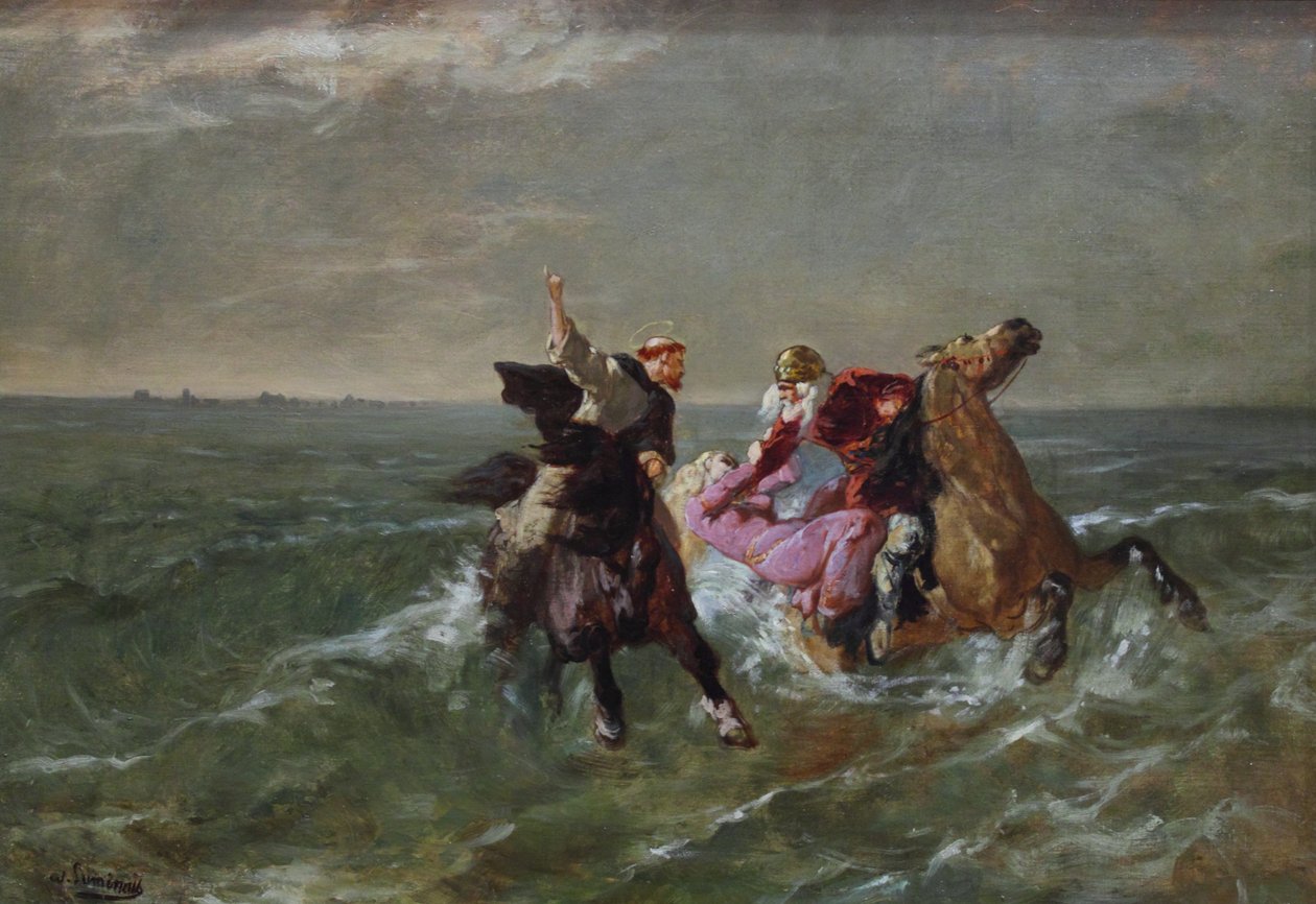 Frans: La chevauchée de saint Guénolé et du Roi Gradlon De vlucht van Sint Guénolé en koning Gradlon door Evariste Vital Luminais