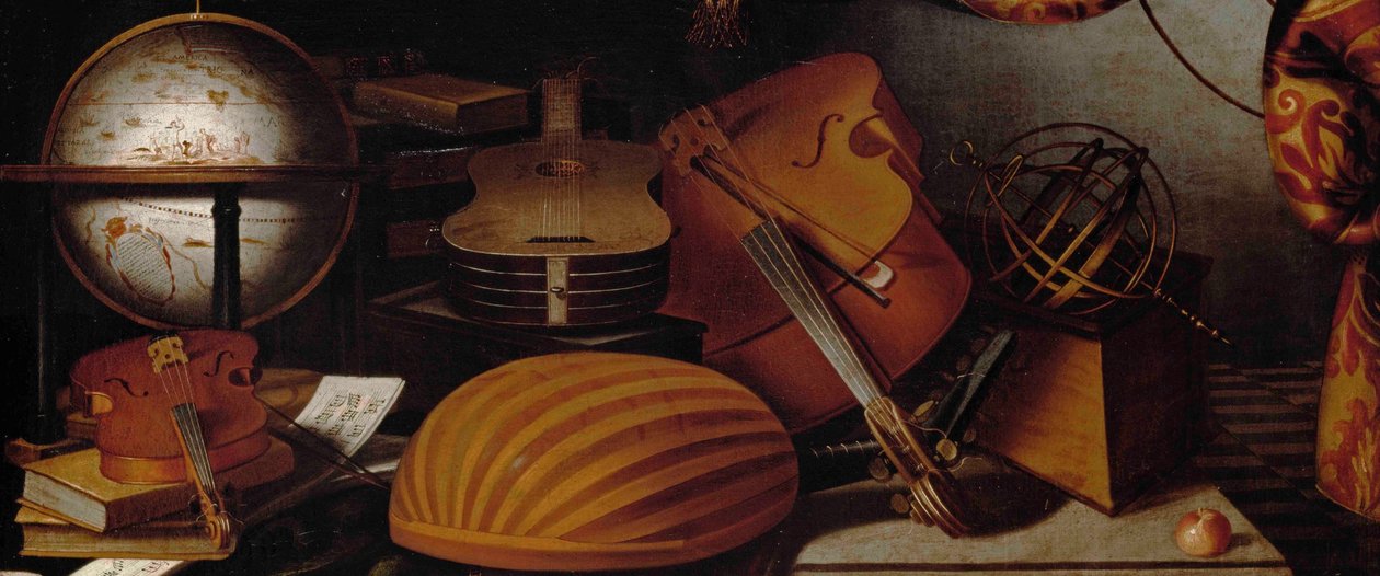 Stilleven met Muziekinstrumenten, Wereldbol en Armillairsfeer (detail), 17e eeuw door Evaristo Baschenis