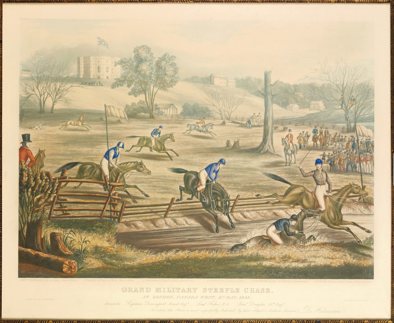 Grote militaire steeple chase, in Londen, Canada West, 9 mei 1843, gegraveerd door J. Harris, 1845 door Evelyne Marie Alexander