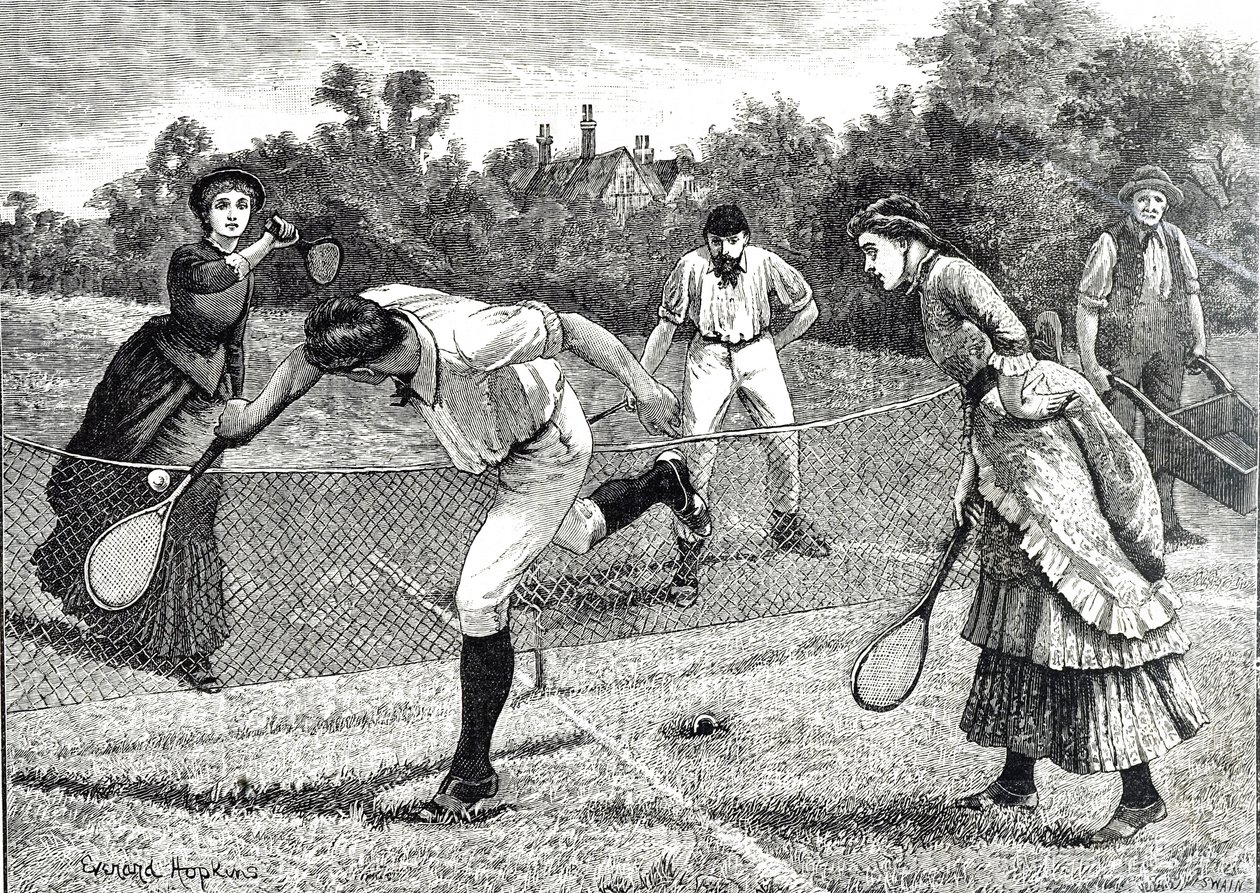 Gravure van een vriendschappelijke dubbelspel tenniswedstrijd door Everard Hopkins