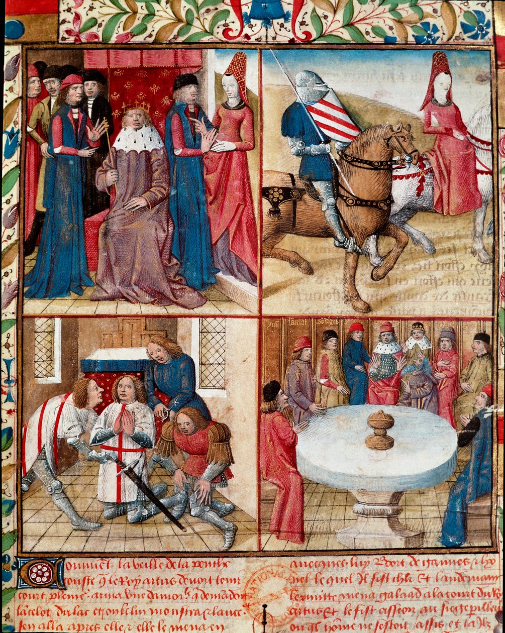 Koning Arthur houdt hof, Lancelot geleid door een dame naar de abdij door Everard de Espinques