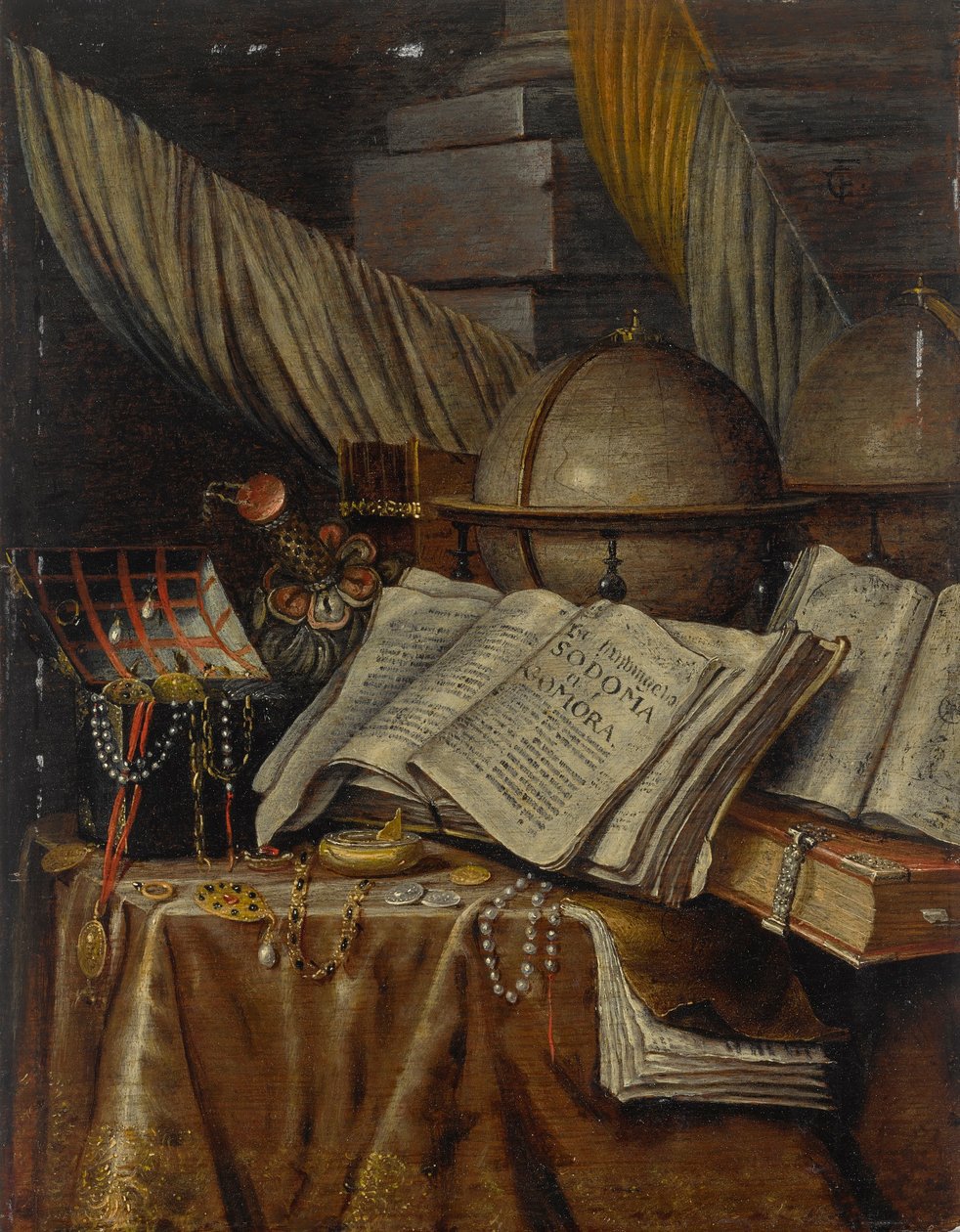 Vanitas stilleven met een wereldbol, boeken en een doosje juwelen op een gedrapeerde tafel door Evert Collier