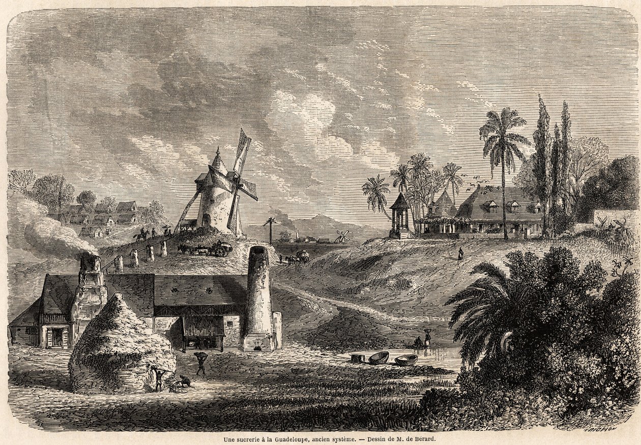 Een suikerfabriek in Guadeloupe, tekening door Auguste de Berard (1824-1881), ter illustratie van de reizen naar de West-Indië, in 1858-1859, door Anthony Trollope (1815-1882). Gravure in 