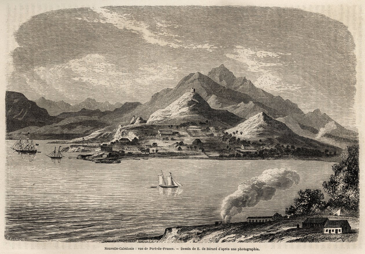 Uitzicht op de haven van Frankrijk, Nieuw-Caledonië, tekening door Evremont de Berard, ter illustratie van Victor de Rochas